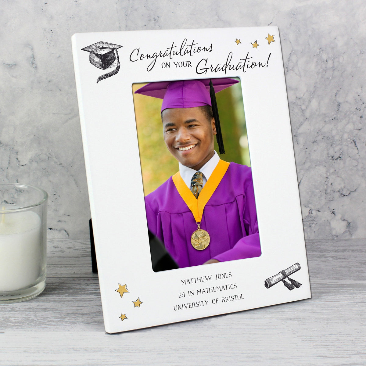 Personalised Gold Star Graduation 4x6 Inch White Wooden Photo Frame
