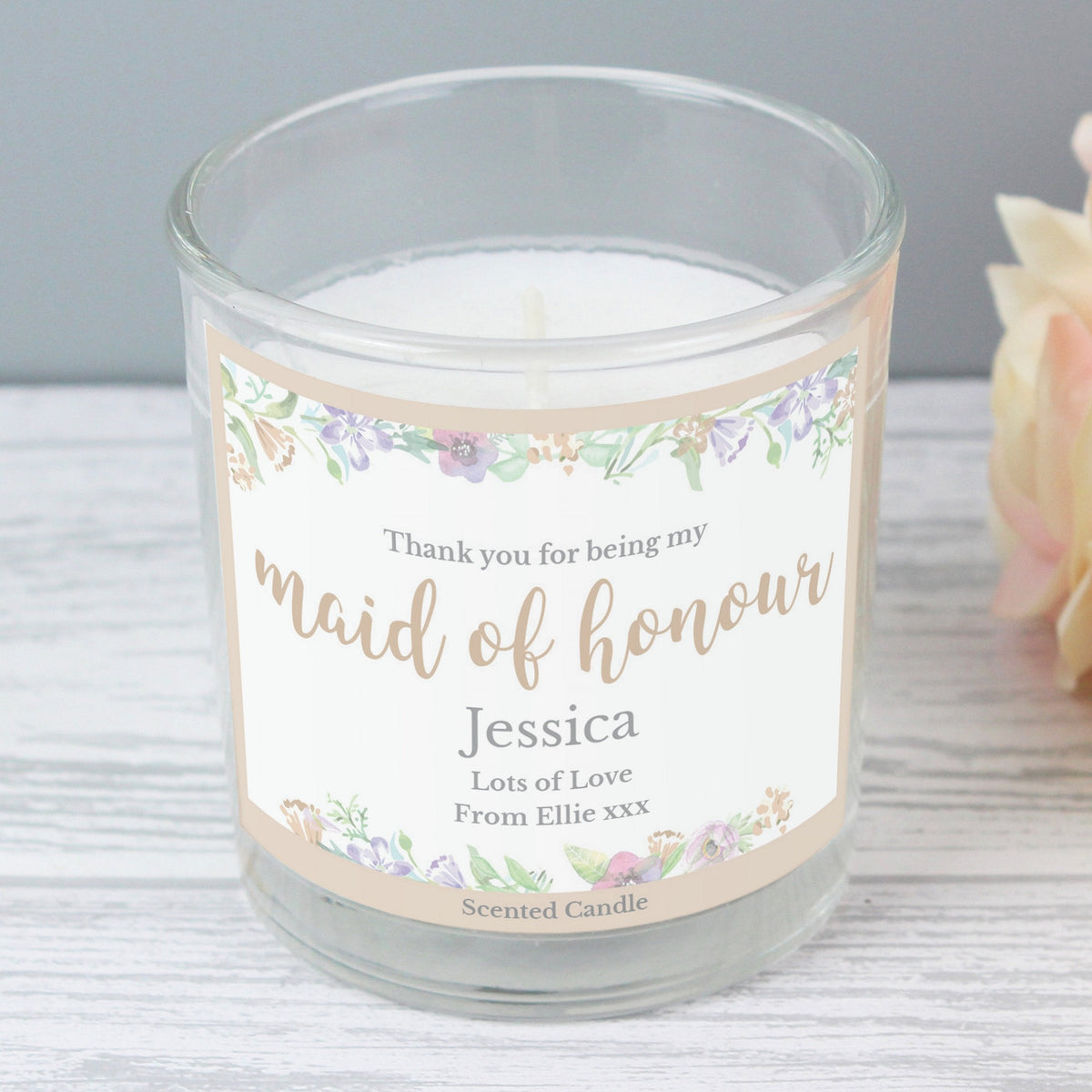 Personalised Maid Of Honour 'Floral Watercolour Wedding' Scented Jar Candle