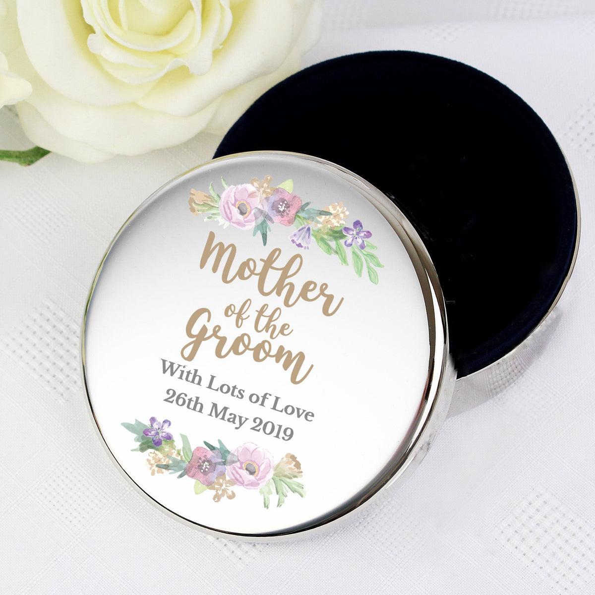Personalised Mother Of The Groom 'Floral Watercolour Wedding' Round Trinket Box
