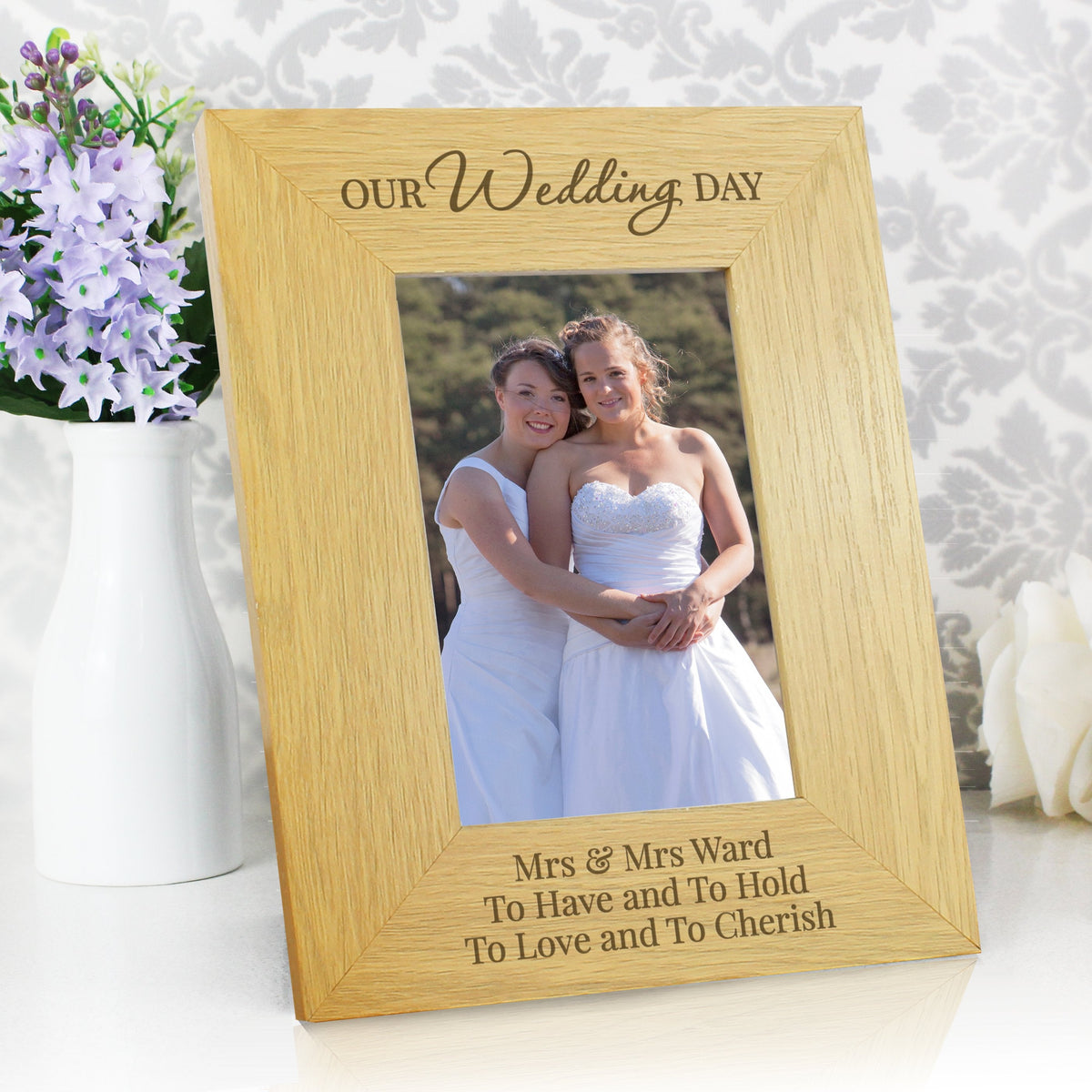 Personalised Our Wedding Day 4x6 Inch Oak Finish Photo Frame