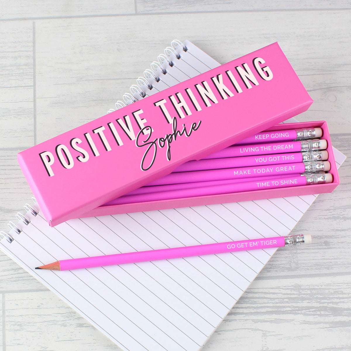 Personalised Positive Thinking Box And 12 Pink Hb Pencils