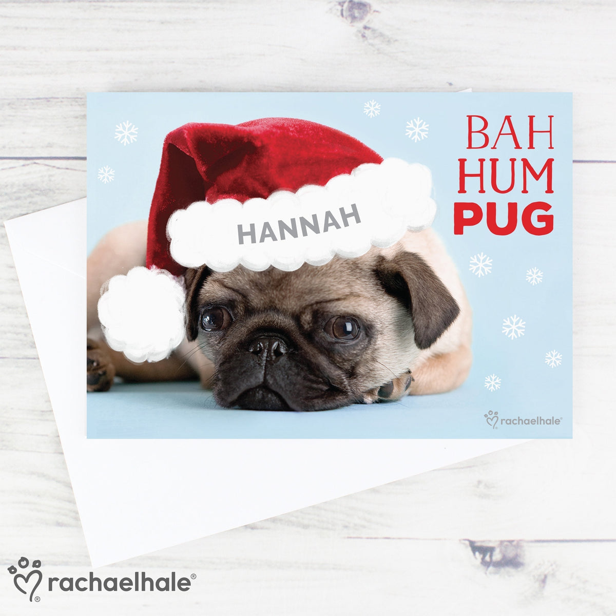 Personalised Rachael Hale Christmas Bah Hum Pug Card