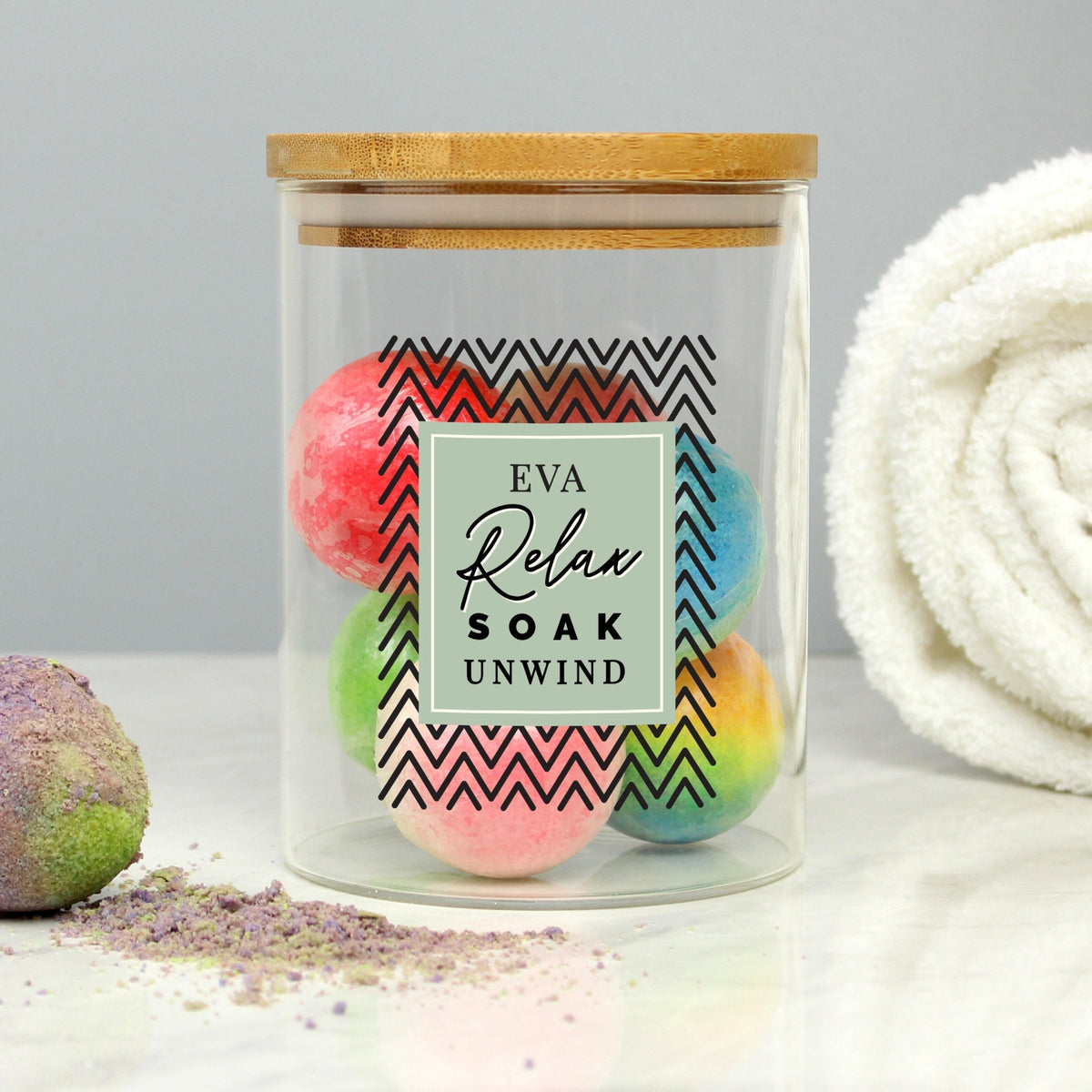 Personalised Relax Soak Unwind Glass Jar With Bamboo Lid