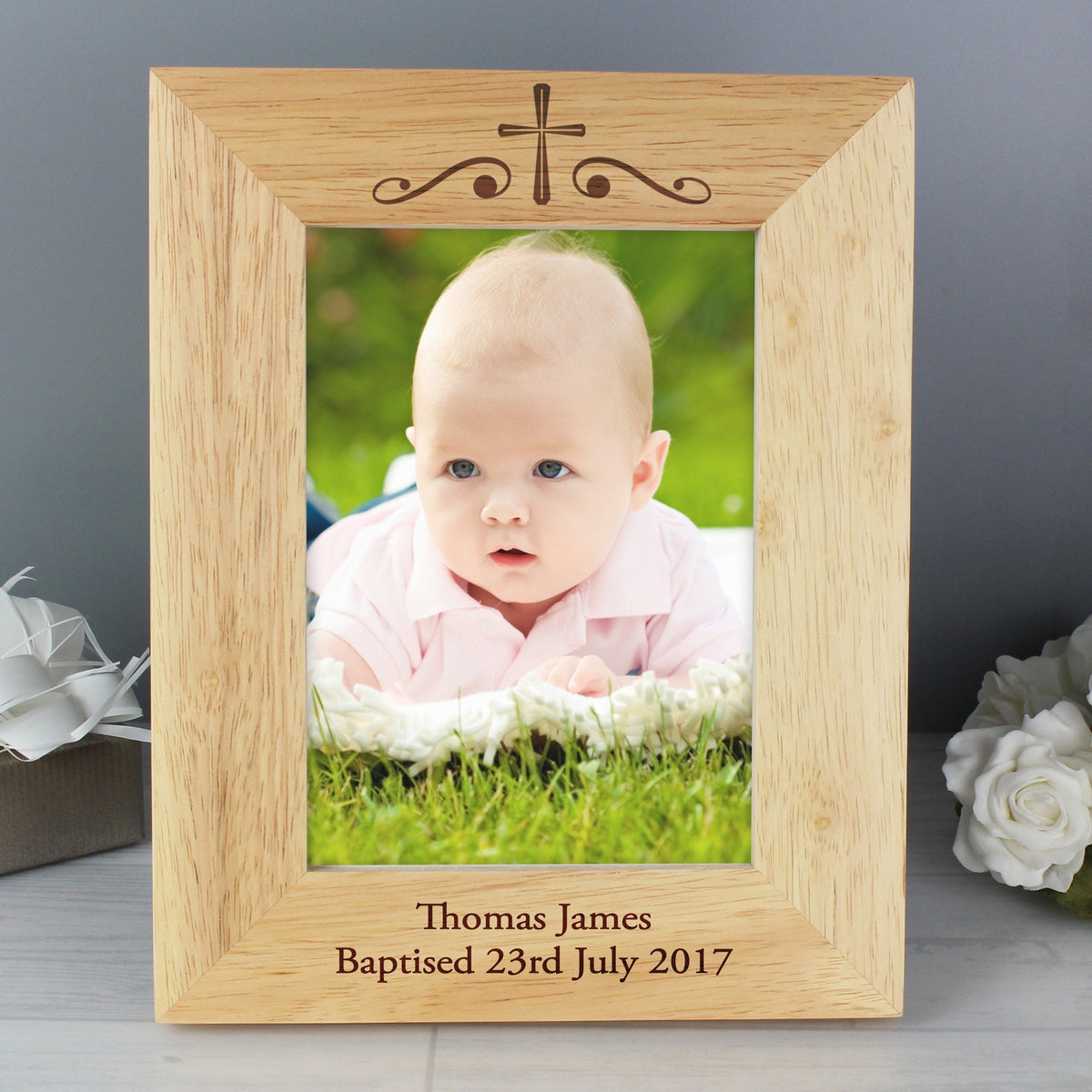 Personalised Religious Swirl 5x7 Inch Wooden Photo Frame