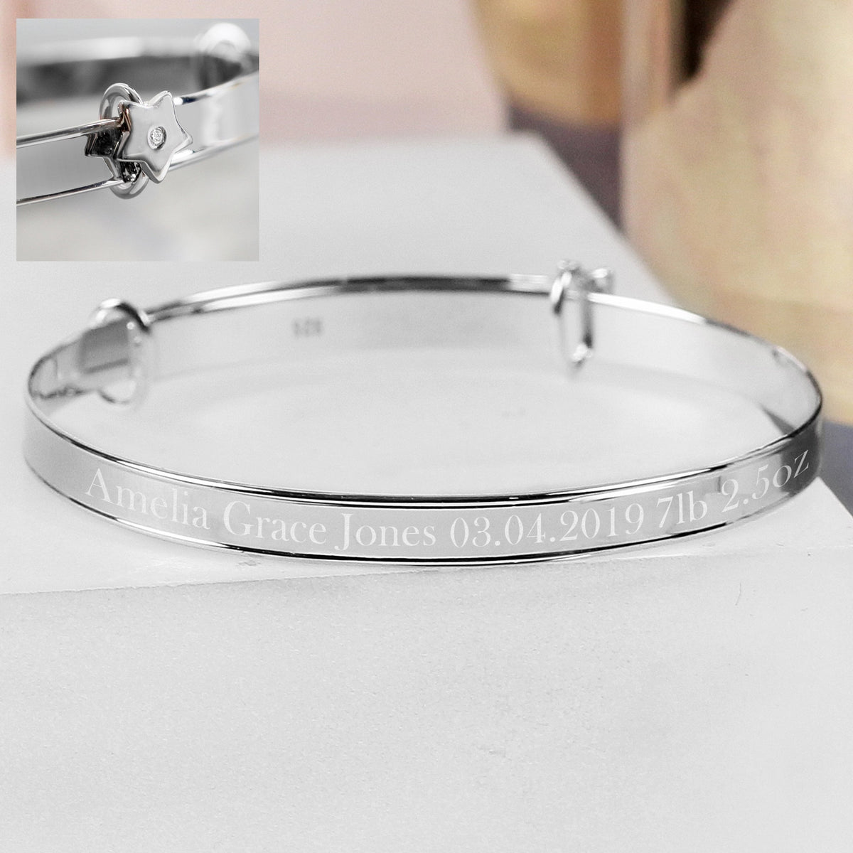 Personalised Sterling Silver Childs Expanding Diamante Star Bracelet - Ideal For Newborn Babies, Christenings