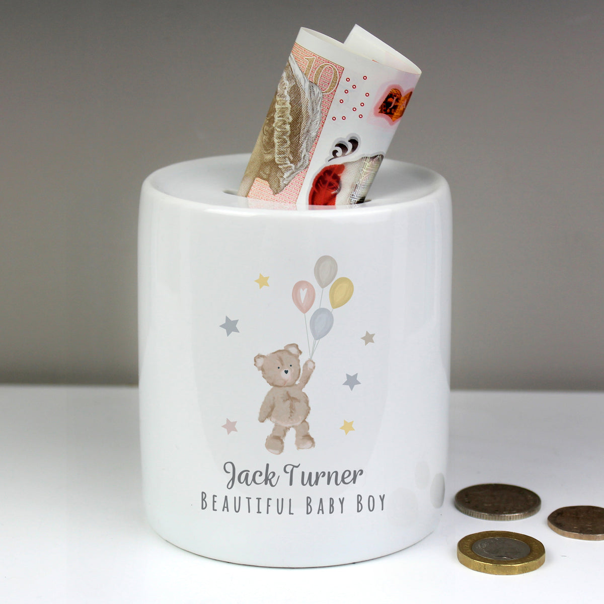 Personalised Teddy & Balloons Money Box