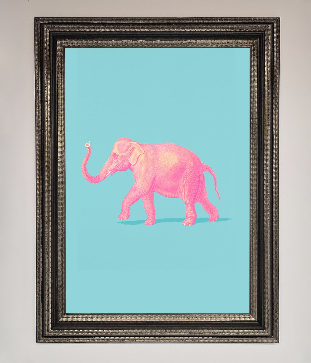 Pink Elephant On Blue Framed Print