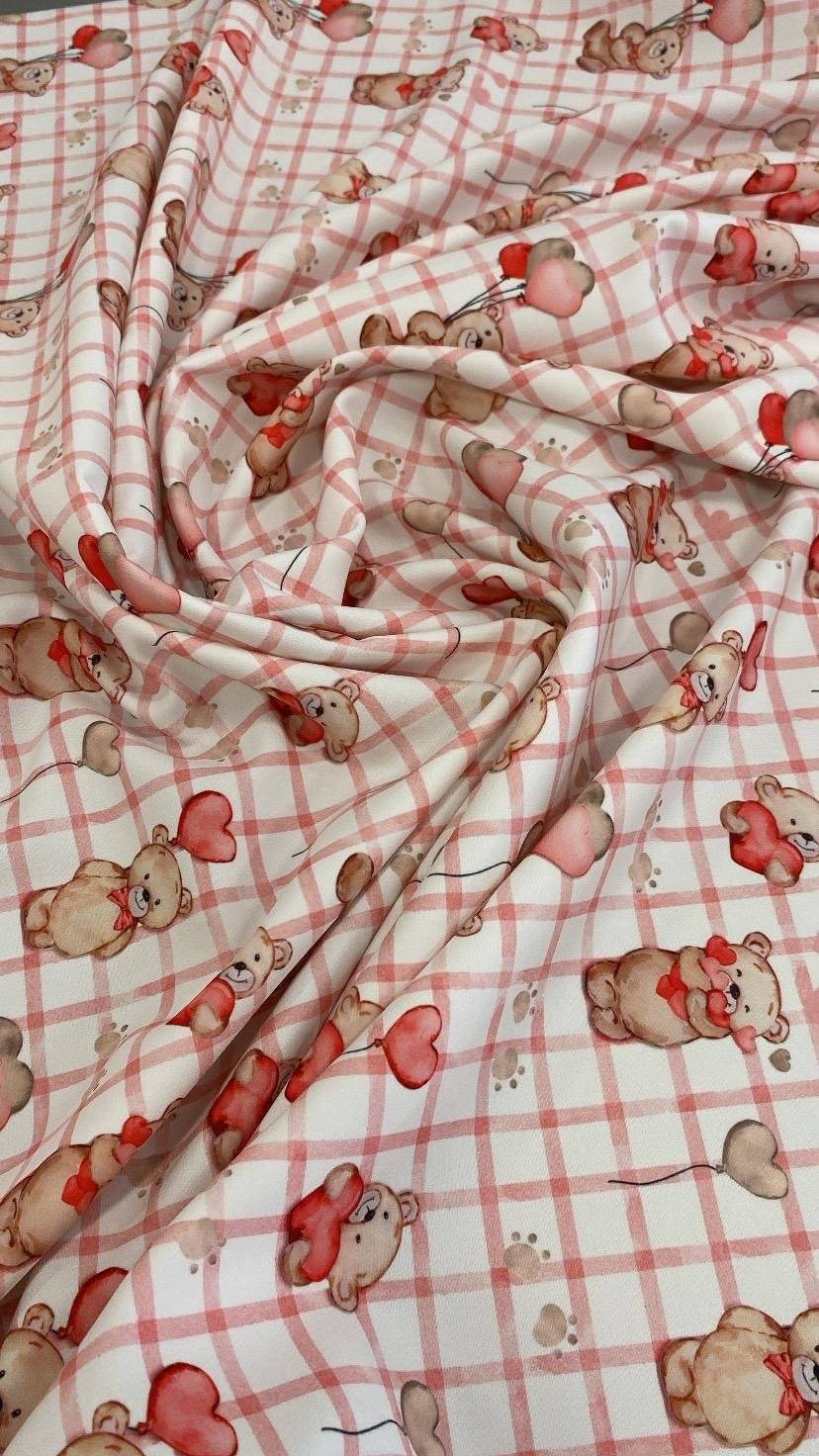 Pink Plaid Cute Teddy Bear and Heart Balloon Print Fabric by Metre
