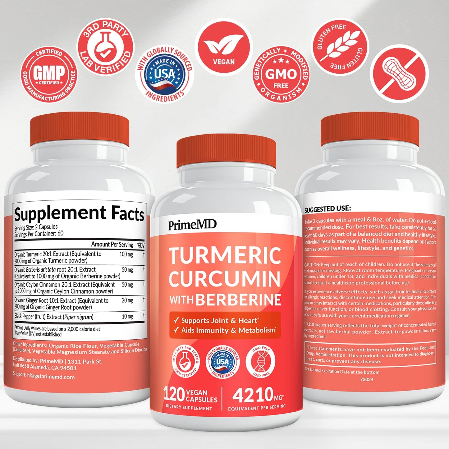 PrimeMD 5-in-1 Organic Turmeric Curcumin + Berberine & Cinnamon (4210mg) – 120 ct Pack of 4