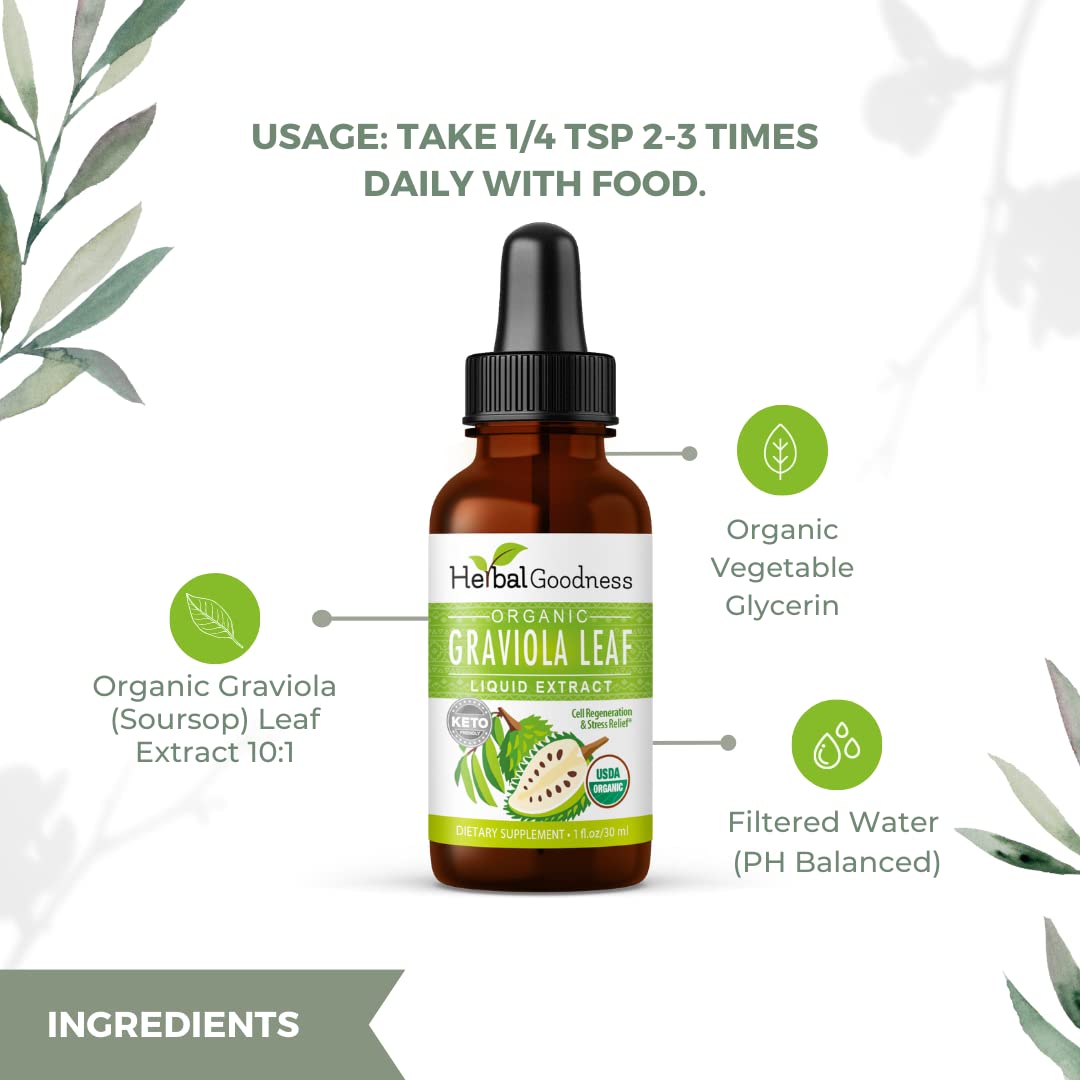 Herbal Goodness Organic Soursop Graviola Leaf Extract 1oz โ 15X Concentrated Tincture | USDA Organic & Kosher