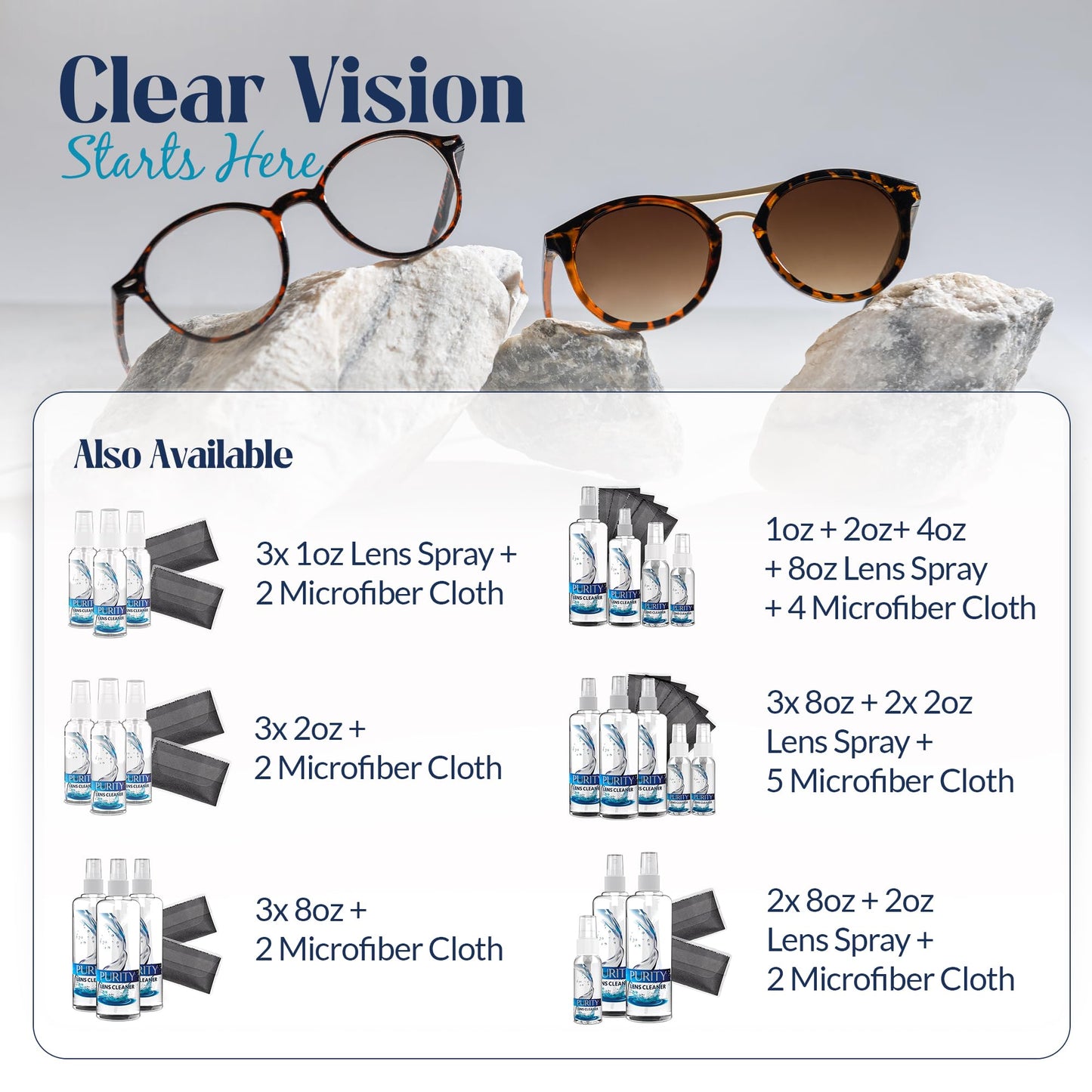 Purity Eyeglass Lens Cleaner Spray Kit – 3 x 8oz Bottles + 2 Microfiber Cloths (AR Coated)