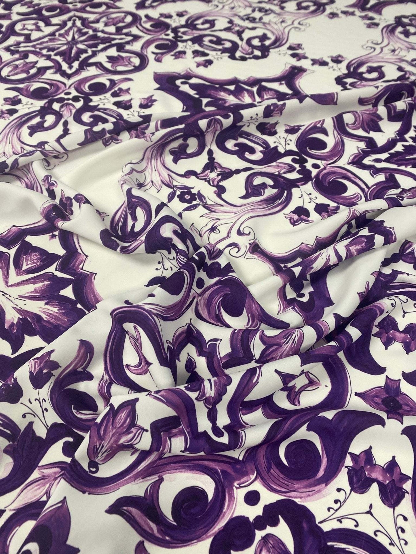 Majolica Floral Scroll Purple White Fabric by the Metre