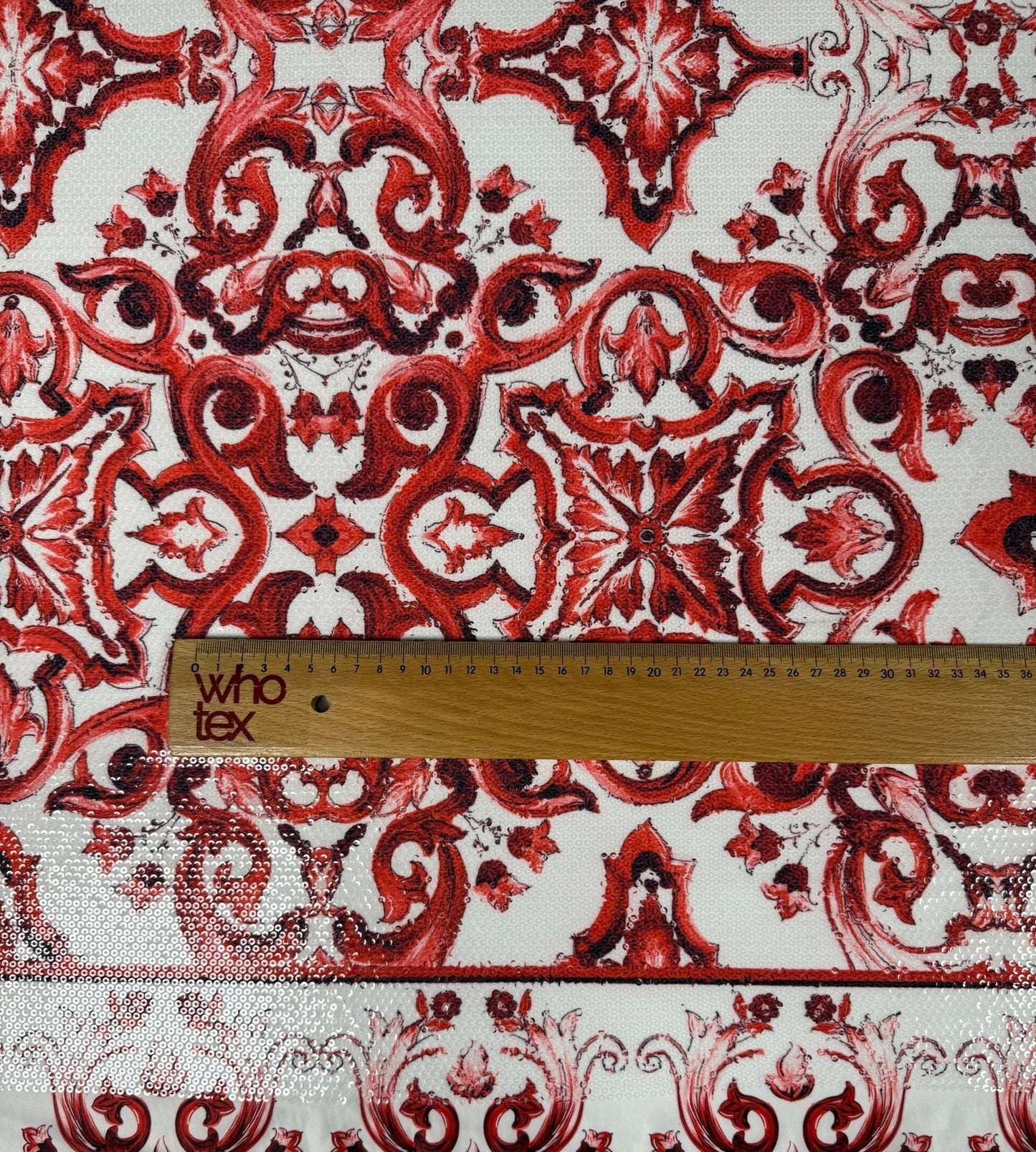 Red Baroque Sequin Fabric by the Metre – Ornate Sparkle Material
