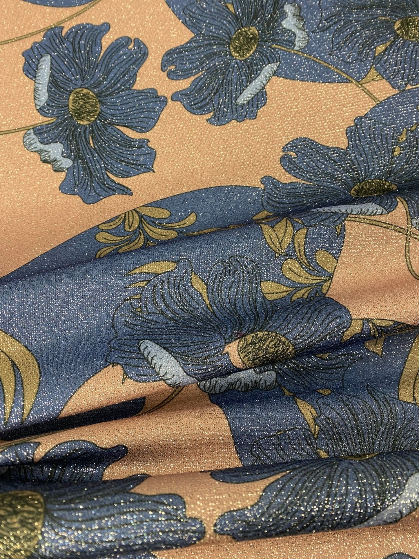 Retro Style Blue Floral on Peach Background Fabric By Metre
