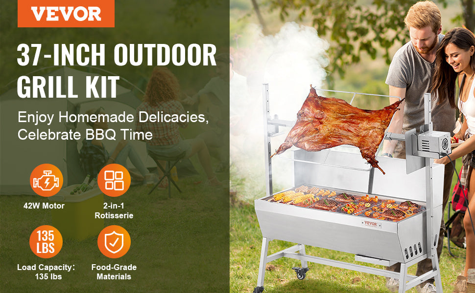VEVOR 46inch Rotisserie Grill with Windscreen Charcoal Spit Grill 132 Lbs Capacity Stainless Steel Roaster with Lockable Wheels