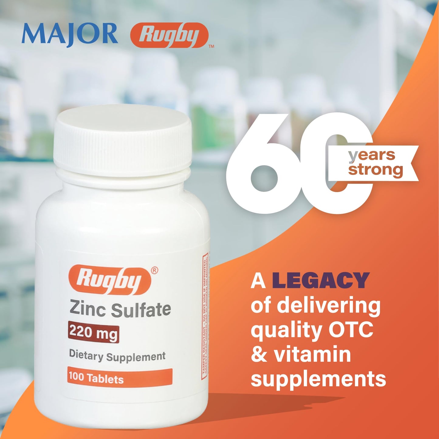 Rugby Zinc Sulfate 220 mg Tablets - Zinc Sulfate Heptahydrate - Dietary Supplement - 100 Count (3 Pack)