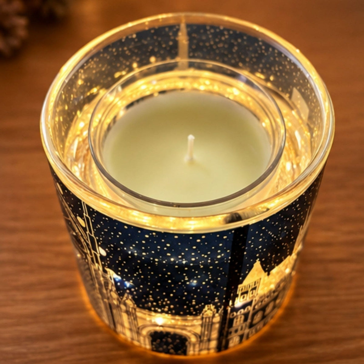 Christmas Scented Candle with LED Lights & Skyline Design