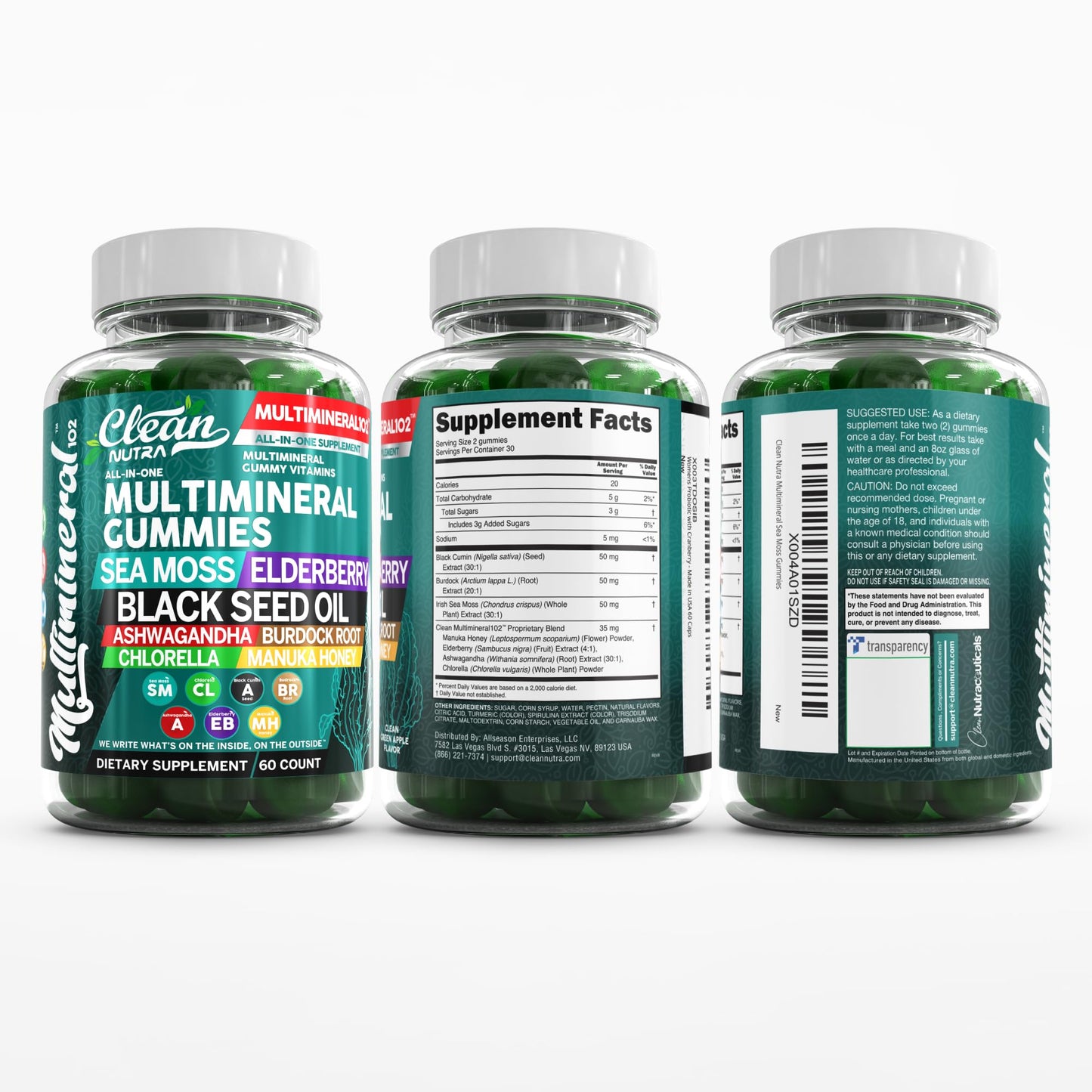 Sea Moss Gummies | Clinically Tested Vegan Irish Sea Moss Gummy Vitamins with Black Seed Oil, Ashwagandha, Elderberry, Burdock Root, Chlorella & Manuka Honey | Green Apple Flavor