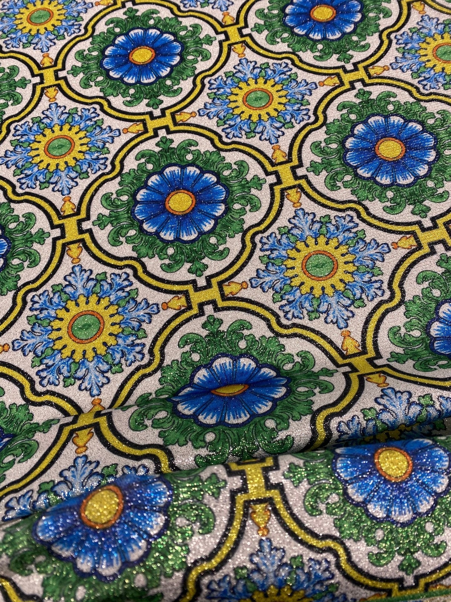 Sicilian Pattern Green Fabric by Metre