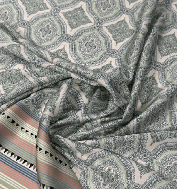 Soft Green and Pink Ethnic Pattern with Border Stripes Fabric by Metre