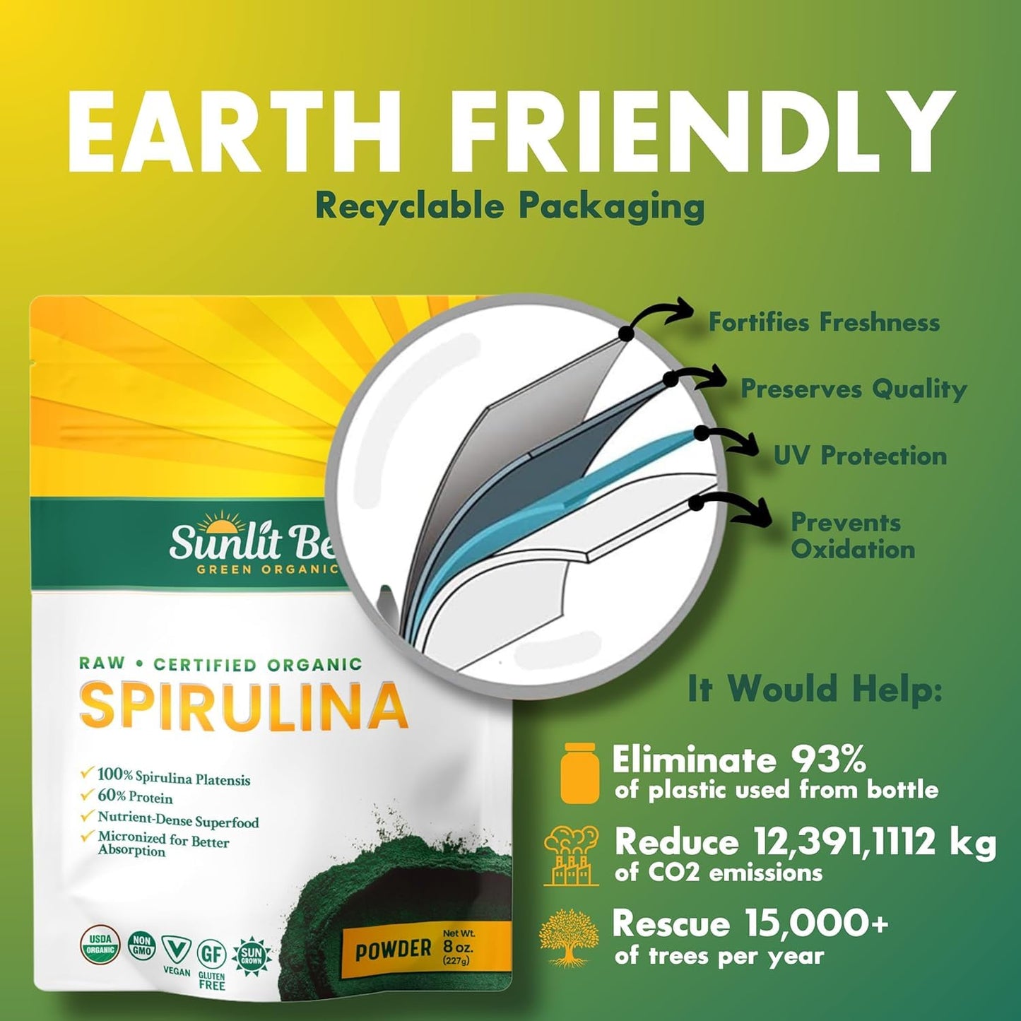 Sunlit Best Spirulina Powder Organic USDA - Chlorophyll, Fast Absorption, Blue-Green Spirulina Algae, Raw Vegan Protein - Non-GMO, Gluten Free Superfood Energy, Gut, Immune Support Supplement - 8 Oz
