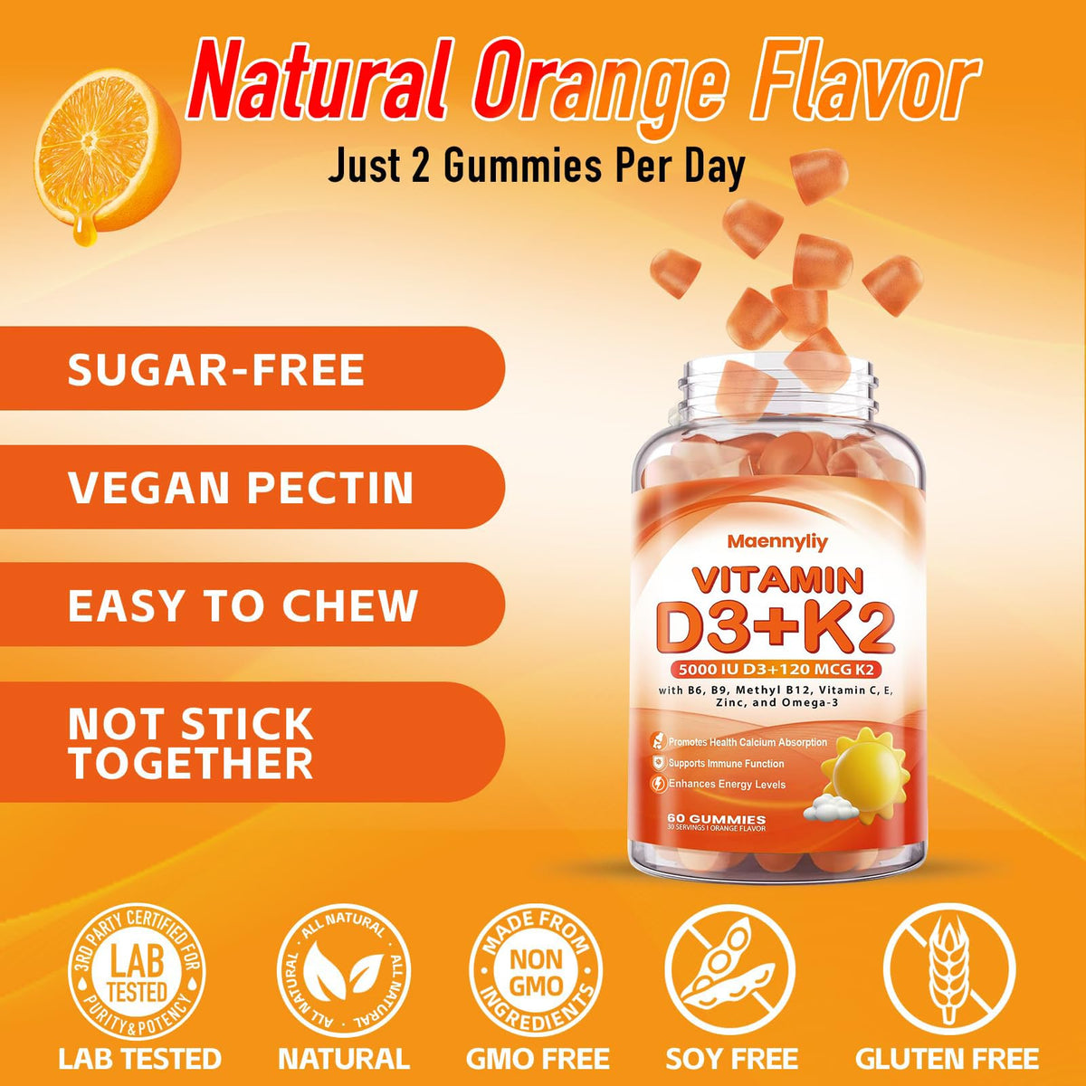 Vitamin D3 K2 Gummies for Adults – 5000IU D3 + 120mcg MK-7 K2 | Sugar-Free, Omega-3 & B Vitamins