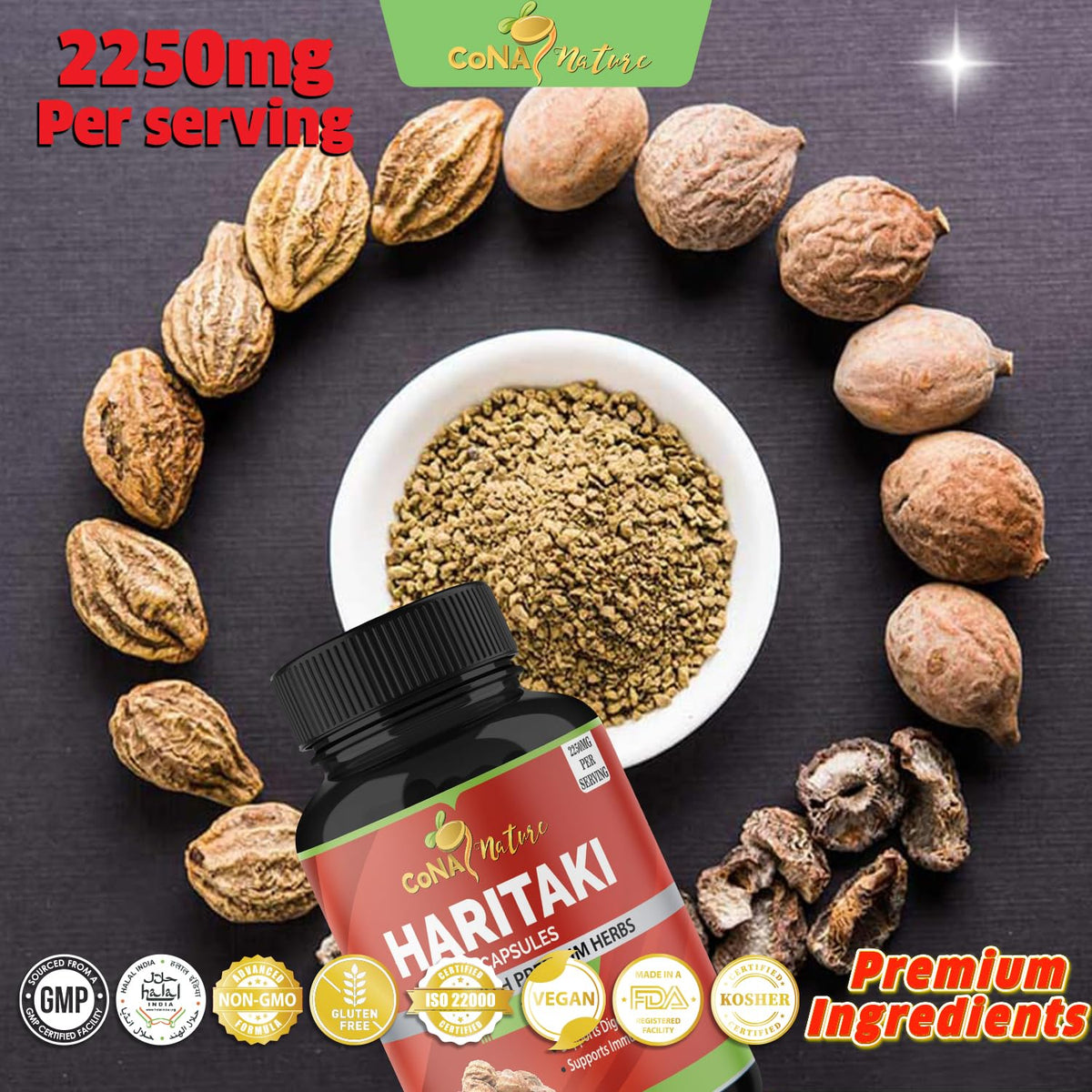 Cona Nature Haritaki Capsules 2250mg β Digestion & Regularity (120 Caps)