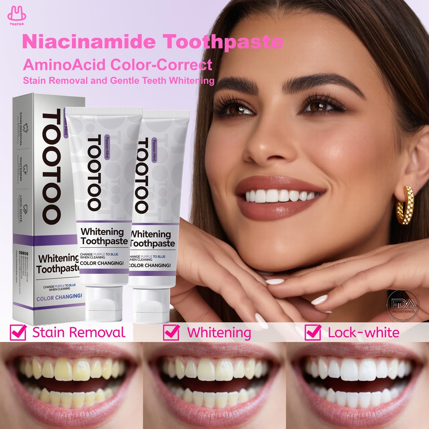 TooToo Niacinamide Whitening Toothpaste β Fluoride Free, Stain Removal, Fresh Breath (4.2oz)