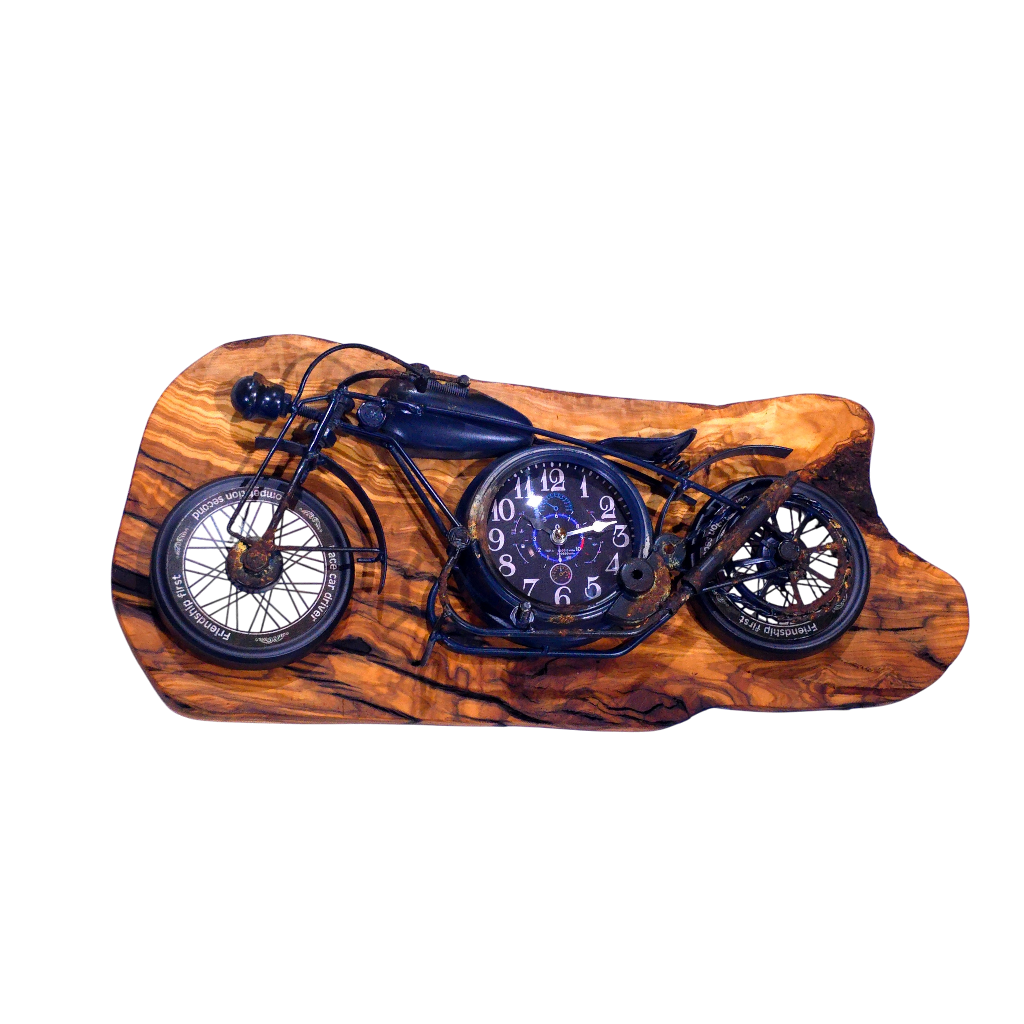 Motorcycle Olive Wood Clock | Vintage Luxury Wall Art