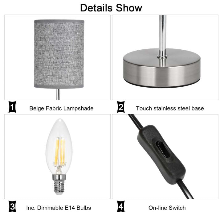 Lightsjoy 2x Touch Bedside Lamps, Dimmable, E14 Bulbs Included β Round