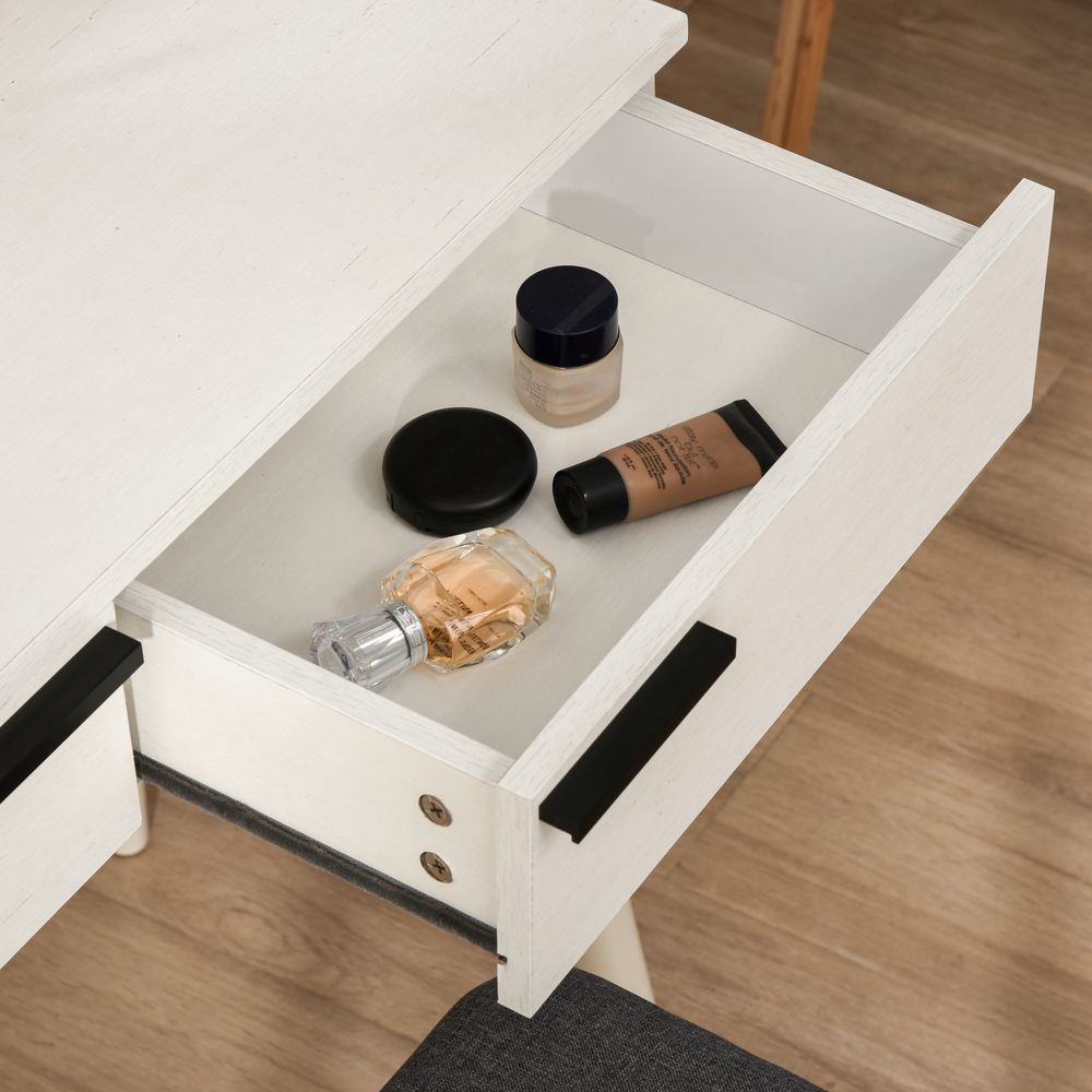 Dressing Table Vanity Set Makeup Desk with Round Mirror Cushioned Stool White