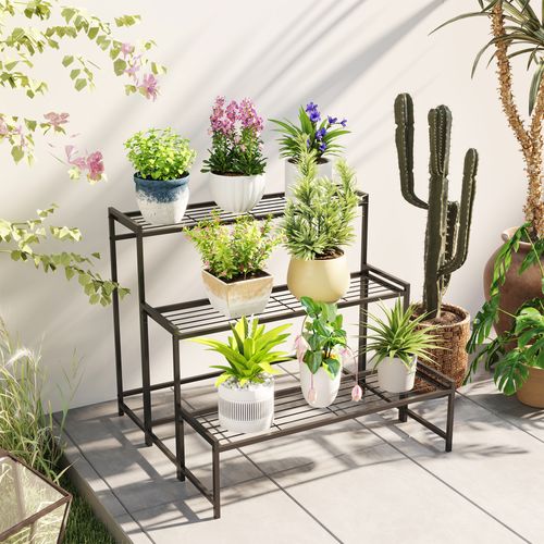 Outsunny 3-Tier Metal Plant Stand, Modern Ladder Shelf for Garden, Black
