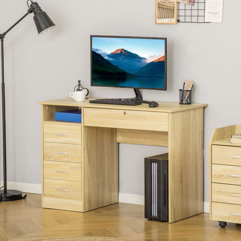 HOMCOM Computer Desk, Home Office Desk with Lockable Drawer, Storage Shelf for Study Bedroom, 110 x 50 x 76 cm, Oak