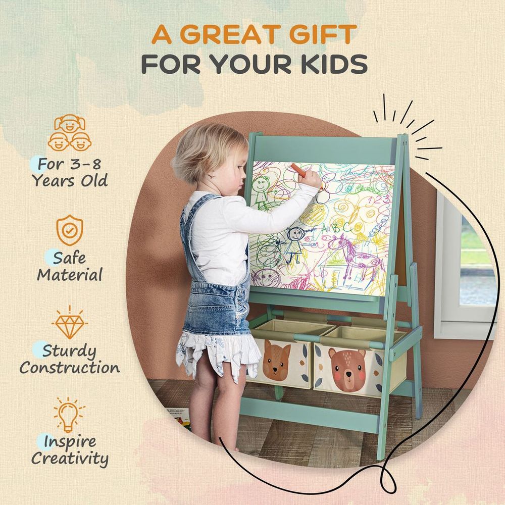 AIYAPLAY Kids Easel with Paper Roll, 3 in 1 Art Easel for Children, with Blackboard, Whiteboard, Storage Baskets, Green
