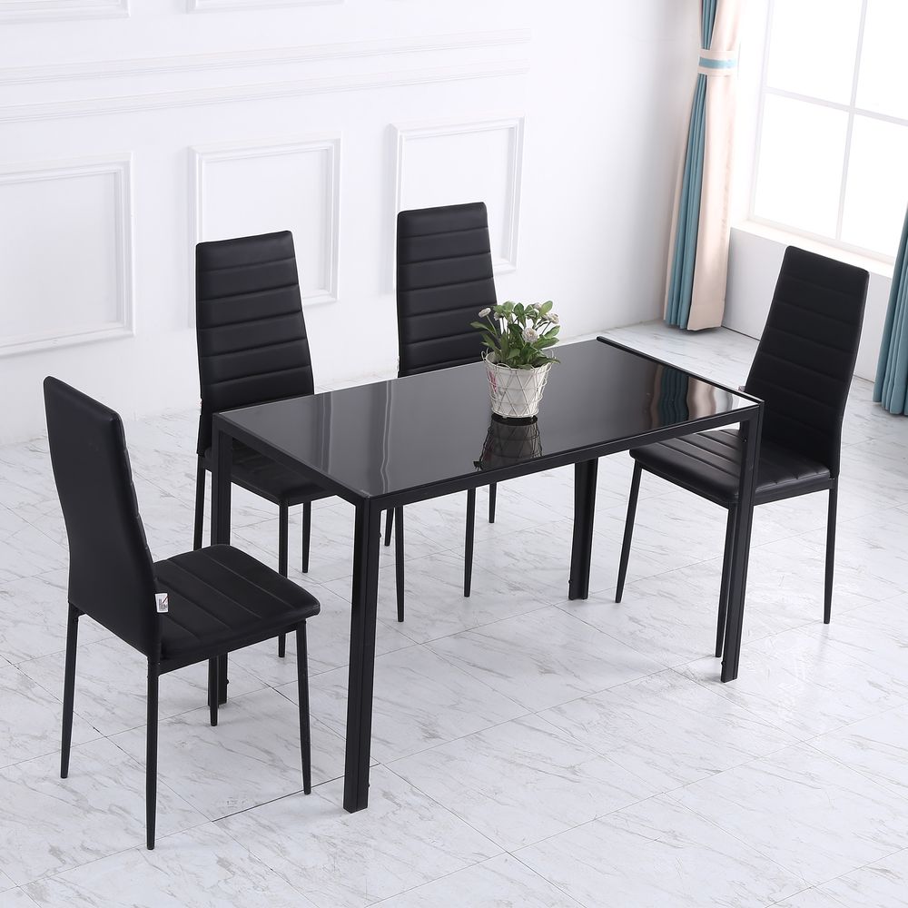 HOMCOM Dining Table for 4 People, Modern Rectangular Kitchen Table with Tempered Glass Tabletop and Steel Legs for Dining Room, Black