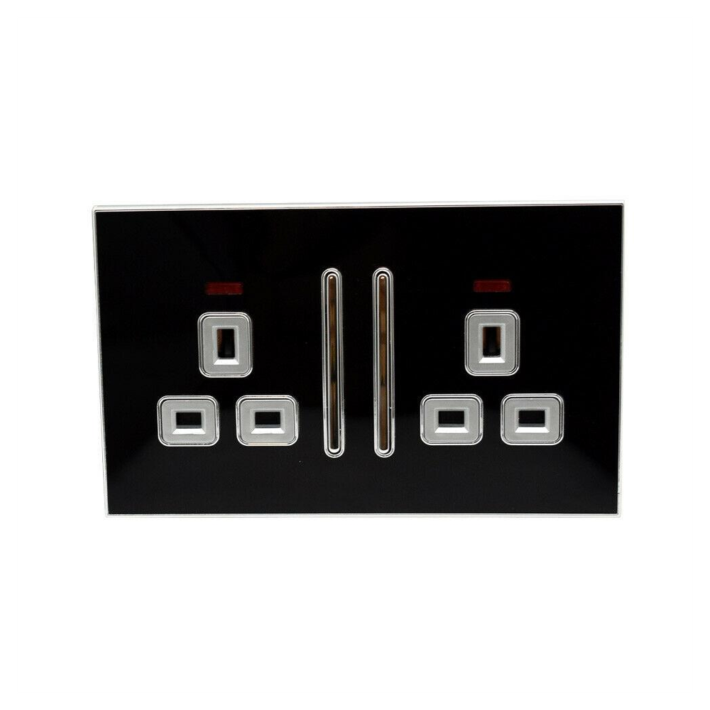 Premium Decorative Black Glossy Main Plug Sockets | Satin Gold Inserts | UK Certified