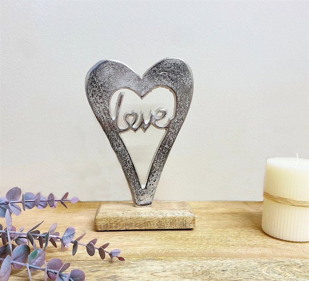 Silver Heart Love on Wooden Base - Small, Versatile Piece with D5 x H21 x W13.7cm Measurements