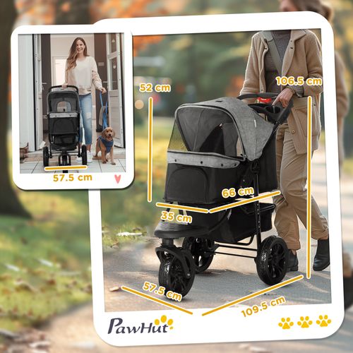 Folding 3 Wheel Pet Stroller Travel w/ Adjustable Canopy Storage Brake Grey