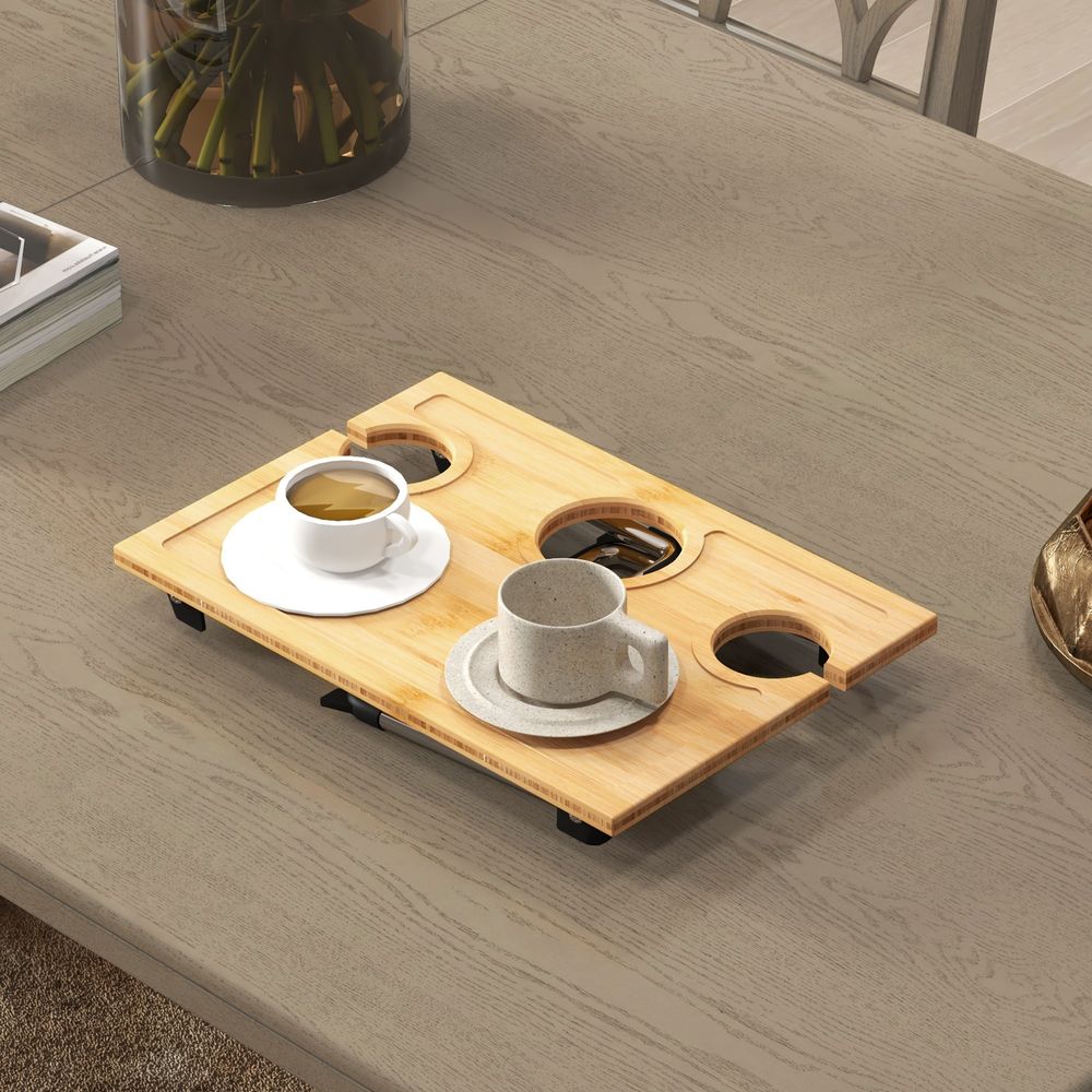 HOMCOM Foldable Wine/Table, Bamboo Picnic/Outdoor Table with Bottle/Glass Holder