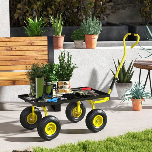 Garden Trolley Cart with Pneumatic Wheels and Rotating Handle, Yellow