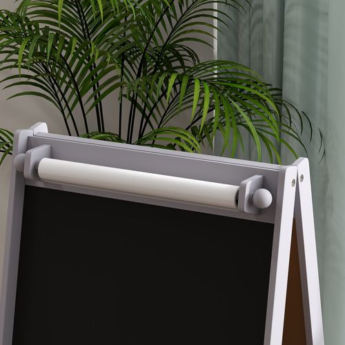 AIYAPLAY Kids Easel with Paper Roll, Blackboard, Whiteboard, Storage, Grey