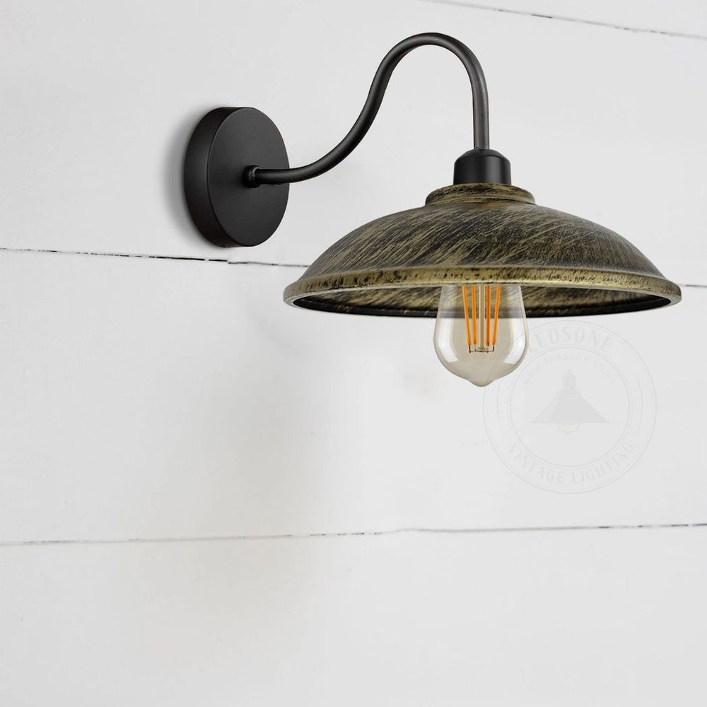 Brushed Brass Wall Light Fixture, Black Wall Sconce E27 Base Socket Screw Wall Mounted Swan Neck Hemisphere Shape Shade