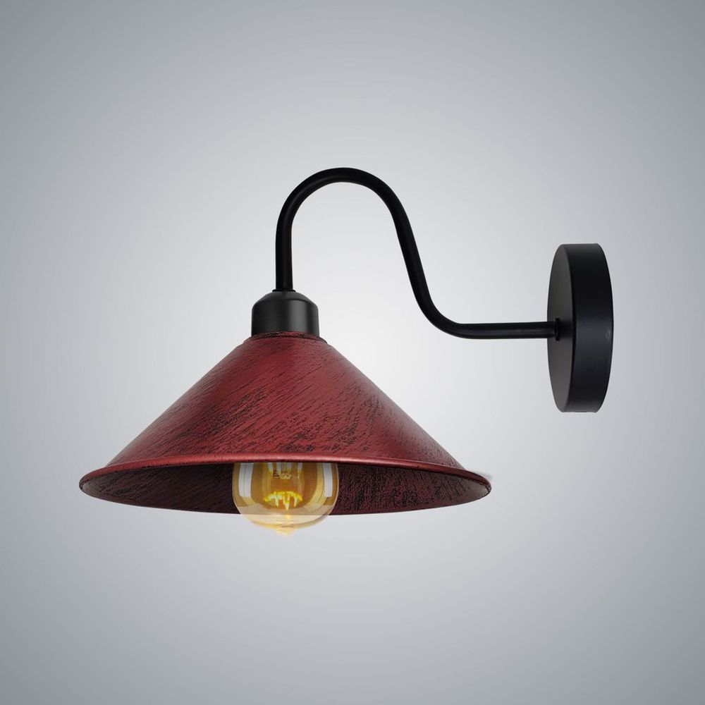 Rustic Red Wall Light Fixture,Black Wall Sconce E27 Base Socket Screw Type Wall Mounted Swan Neck Cone Shape Shade