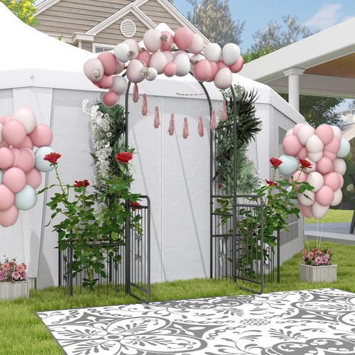Outsunny Metal Garden Arbor Arch Gate w/ 2 Side Planter Boxes & Vine Frame