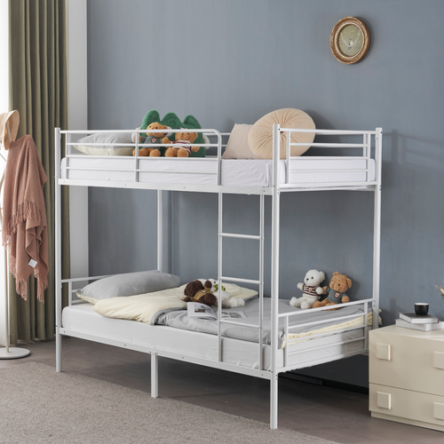 Twin Over Twin Bunk Bed for Kids Teens Adults, Heavy Duty Metal Bunk Bed with Ladder & Full-Length Guard Rail & Storage Space, White
