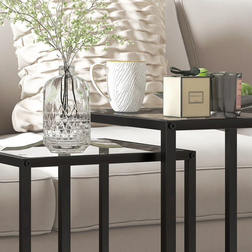HOMCOM Nesting Tables Set of 2, End Table with Tempered Glass Top, Black