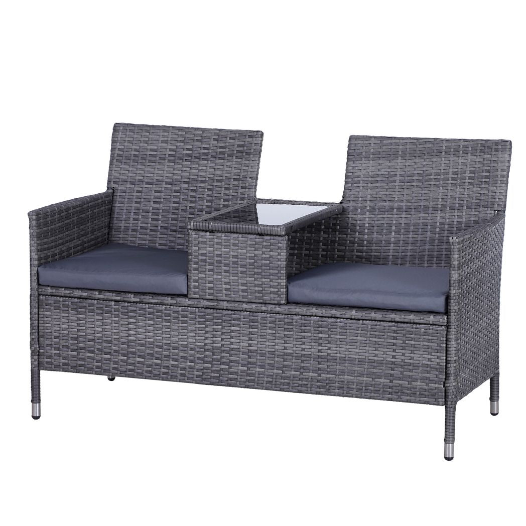 Outsunny 2-Seater PE Rattan Outdoor Garden Bench w/ Centre Table Grey Grey 133cmx65cmx84cm