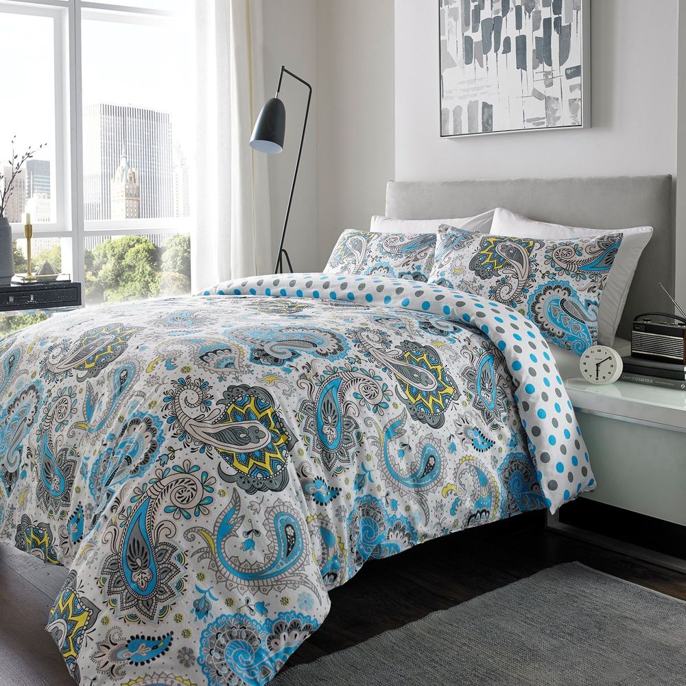 100% Brushed Cotton Duvet Set Paisley DOUBLE BLUE GREY