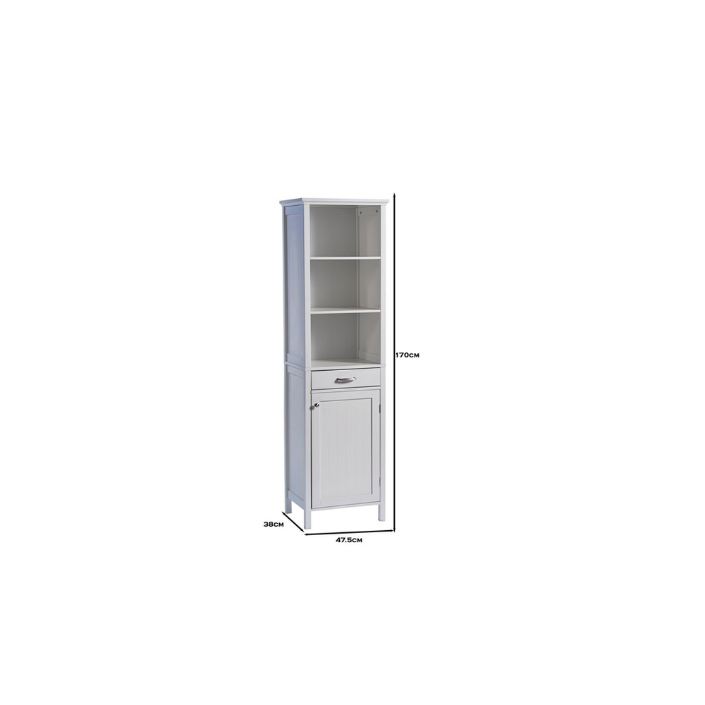 Stylish White Tall Storage Cabinet - Open Shelving, Drawer, Cupboard - High-Quality Timber-MDF - Home Assembly - W47.5cm x D38cm x H170cm