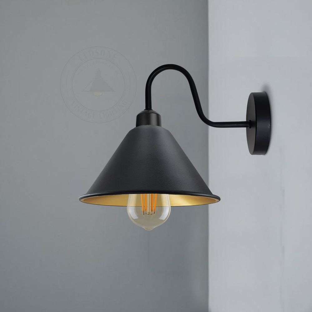 Vintage Black Wall Sconce | E27 Socket Cone-Shaped Shade | Dimmable | Rustic Wall Light Fixture | Hardwired | 3-Year Warranty